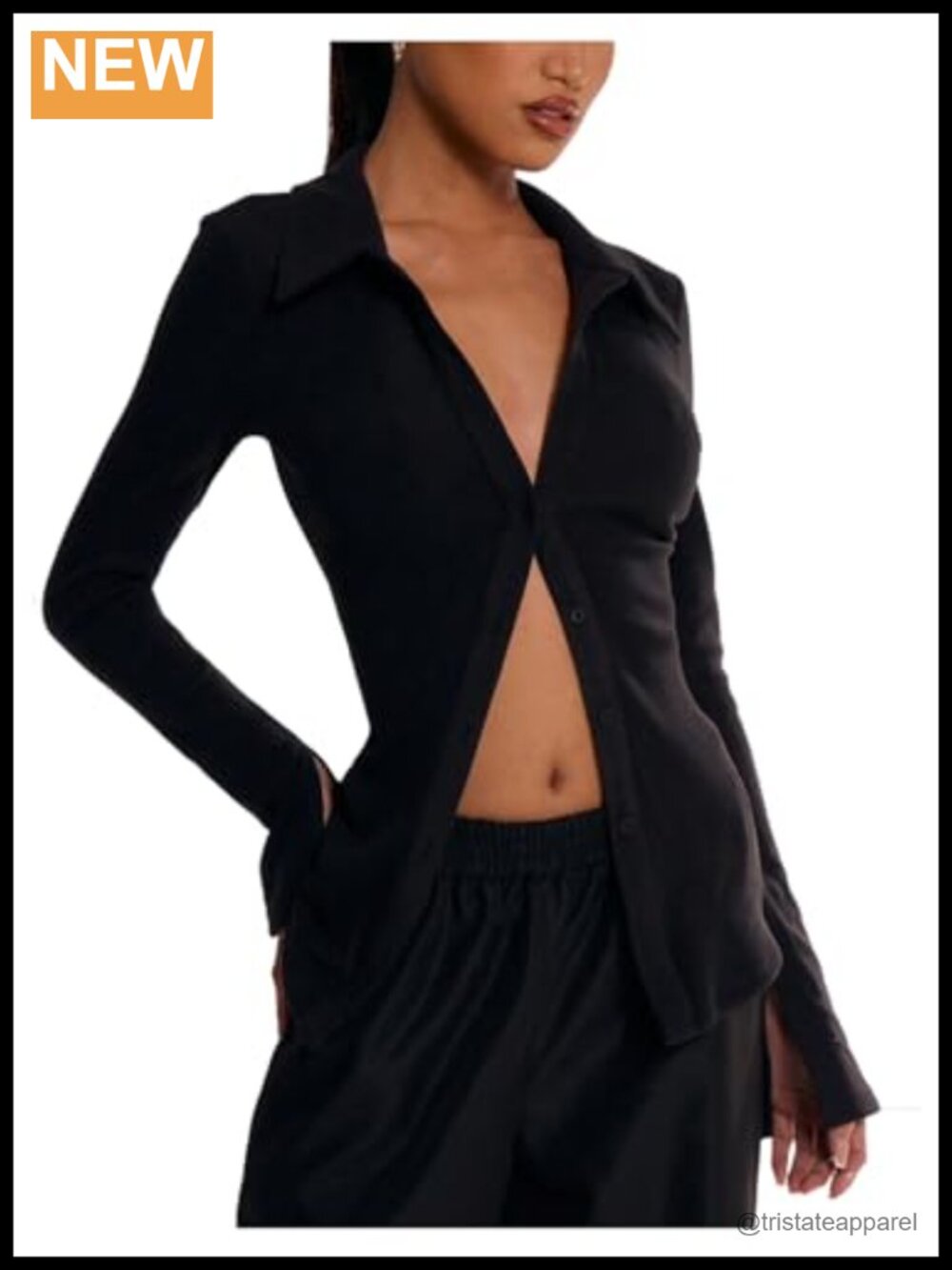 Women's Long Sleeve Button Down Shirt Ribbed Collar Blouse